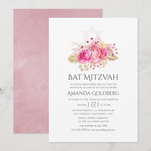 Tropisch roze en gouden Roos Waterverf Bat Mitzvah Kaart (Voorkant / Achterkant)