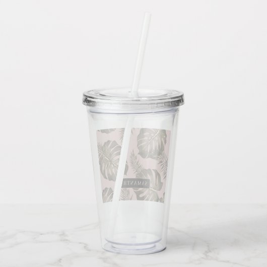 Tropisch roze en goudpalm lederen patroon en naam acryl drinkbeker (Achterkant)