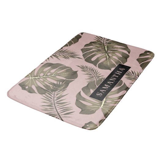 Tropisch roze en goudpalm lederen patroon en naam badmat (Gekanteld)
