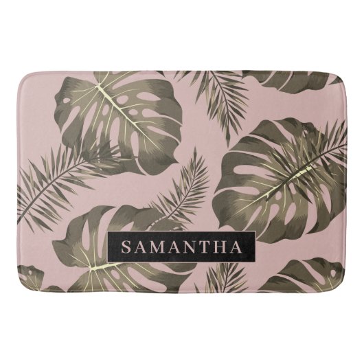 Tropisch roze en goudpalm lederen patroon en naam badmat (Voorkant)