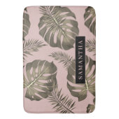 Tropisch roze en goudpalm lederen patroon en naam badmat (Voorkant Verticaal)