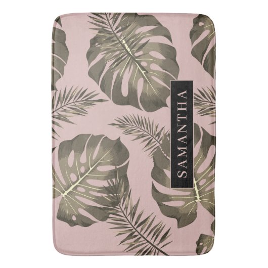 Tropisch roze en goudpalm lederen patroon en naam badmat (Voorkant Verticaal)