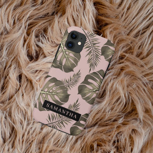 Tropisch roze en goudpalm lederen patroon en naam Case-Mate iPhone case