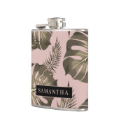 Tropisch roze en goudpalm lederen patroon en naam heupfles (Links)