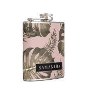 Tropisch roze en goudpalm lederen patroon en naam heupfles (Rechts)