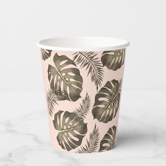 Tropisch roze en goudpalm lederen patroon en naam papieren bekers (Achterkant)