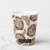 Tropisch roze en goudpalm lederen patroon en naam papieren bekers (Voorkant)