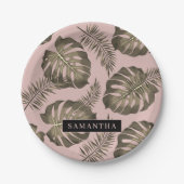 Tropisch roze en goudpalm lederen patroon en naam papieren bordje (Voorkant)