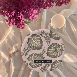 Tropisch roze en goudpalm lederen patroon en naam papieren bordje