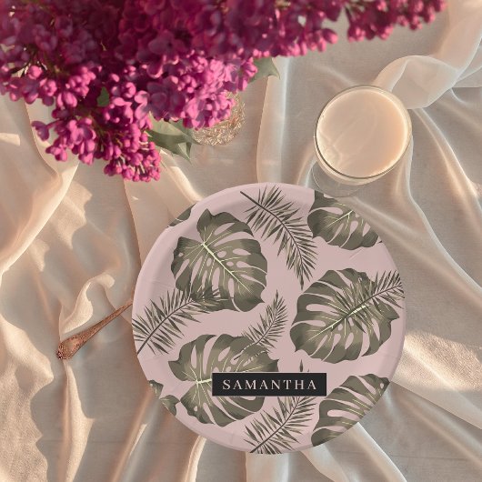 Tropisch roze en goudpalm lederen patroon en naam papieren bordje
