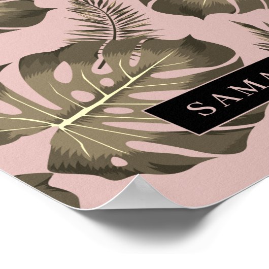 Tropisch roze en goudpalm lederen patroon en naam poster (Hoek)