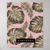 Tropisch roze en goudpalm lederen patroon en naam poster (Voorkant)