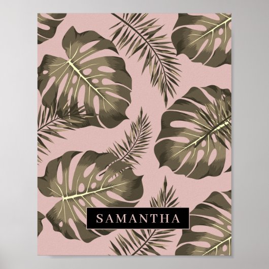 Tropisch roze en goudpalm lederen patroon en naam poster (Voorkant)