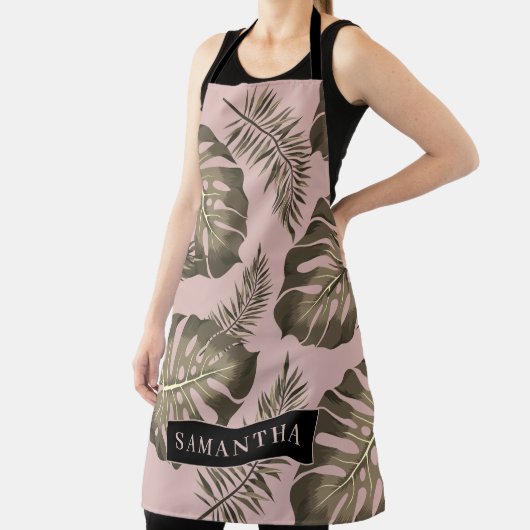 Tropisch roze en goudpalm lederen patroon en naam schort (Insitu)