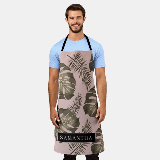 Tropisch roze en goudpalm lederen patroon en naam schort (Gedragen)