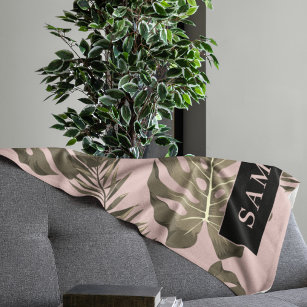 Tropisch roze en goudpalm lederen patroon en naam sherpa deken