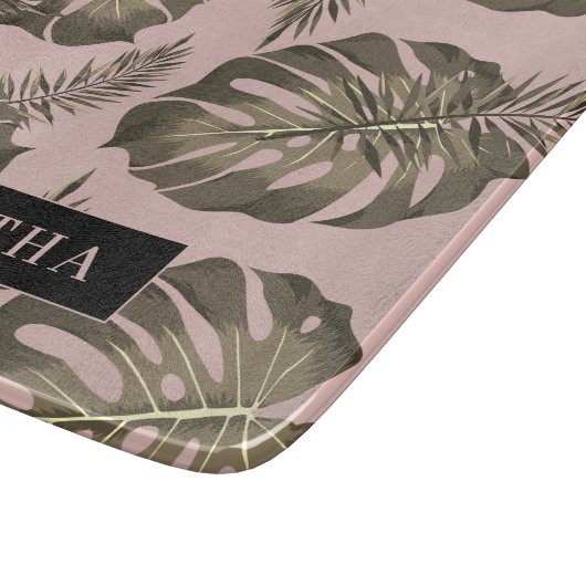 Tropisch roze en goudpalm lederen patroon en naam snijplank (Hoek)