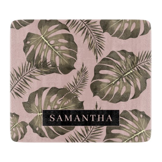 Tropisch roze en goudpalm lederen patroon en naam snijplank (Voorkant)