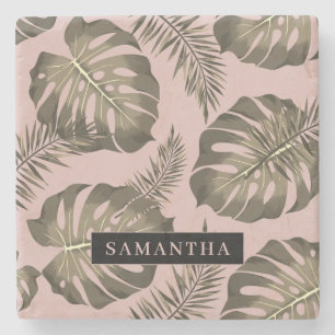 Tropisch roze en goudpalm lederen patroon en naam stenen onderzetter