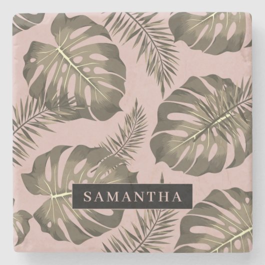 Tropisch roze en goudpalm lederen patroon en naam stenen onderzetter (Voorkant)