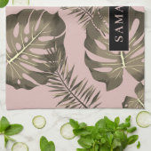 Tropisch roze en goudpalm lederen patroon en naam theedoek (Gevouwen)