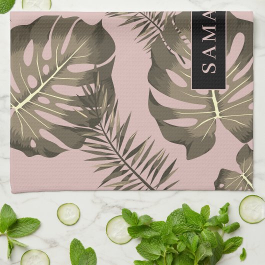 Tropisch roze en goudpalm lederen patroon en naam theedoek (Gevouwen)