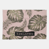 Tropisch roze en goudpalm lederen patroon en naam theedoek (Horizontaal)