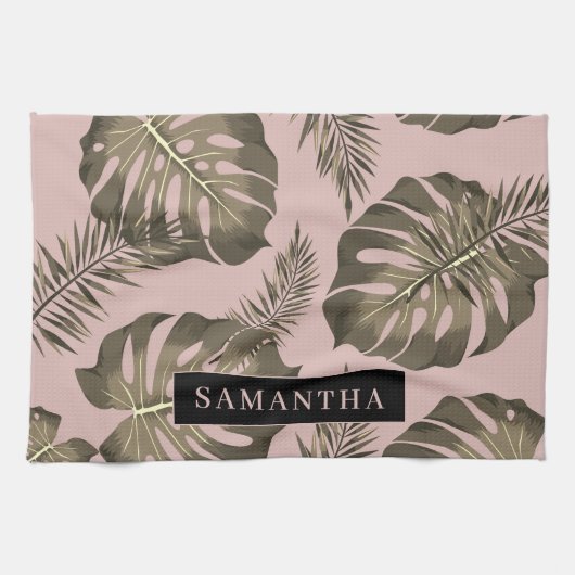 Tropisch roze en goudpalm lederen patroon en naam theedoek (Horizontaal)