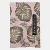 Tropisch roze en goudpalm lederen patroon en naam theedoek (Verticaal)