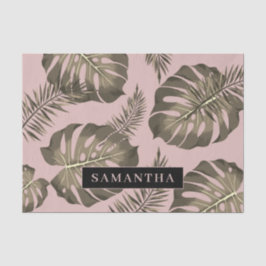 Tropisch roze en goudpalm lederen patroon en naam tissuepapier