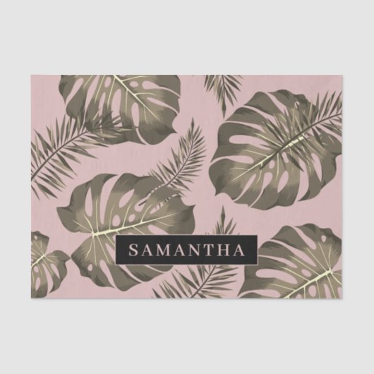 Tropisch roze en goudpalm lederen patroon en naam tissuepapier (Voorkant)
