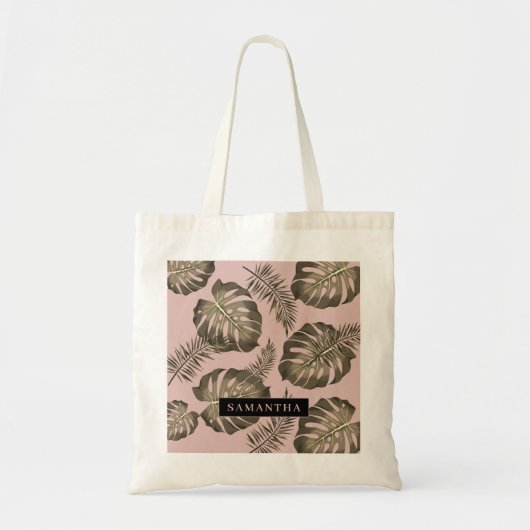 Tropisch roze en goudpalm lederen patroon en naam tote bag (Voorkant)