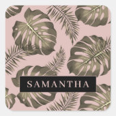 Tropisch roze en goudpalm lederen patroon en naam vierkante sticker (Voorkant)