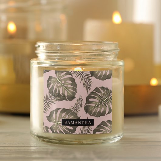 Tropisch roze en goudpalm lederen patroon en naam vierkante sticker