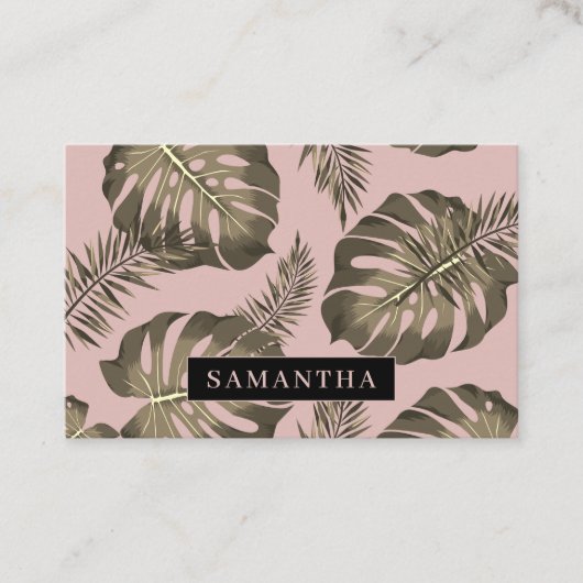 Tropisch roze en goudpalm lederen patroon en naam visitekaartje (Voorkant)