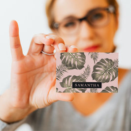 Tropisch roze en goudpalm lederen patroon en naam visitekaartje