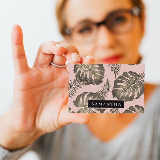 Tropisch roze en goudpalm lederen patroon en naam visitekaartje