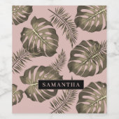 Tropisch roze en goudpalm lederen patroon en naam wijn etiket (Enkel label)