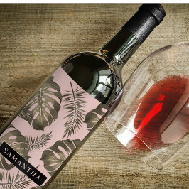 Tropisch roze en goudpalm lederen patroon en naam wijn etiket