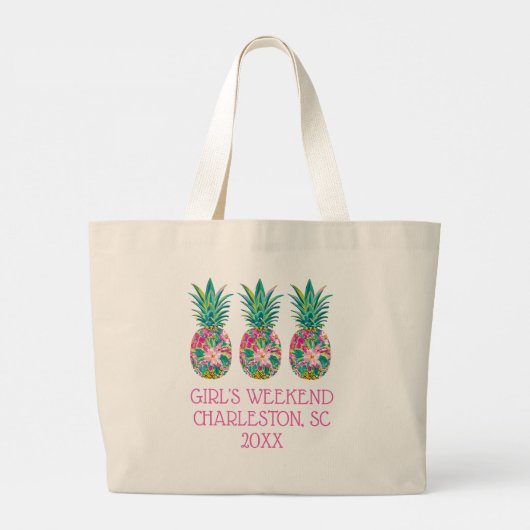 Tropisch roze en groen bloemig ananas grote tote bag (Achterkant)