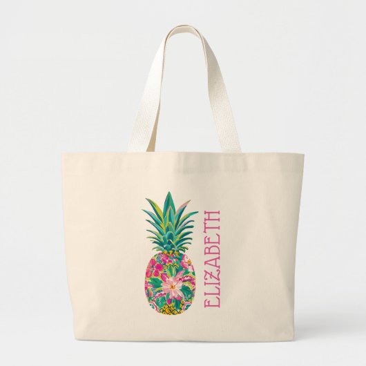 Tropisch roze en groen bloemig ananas grote tote bag (Voorkant)