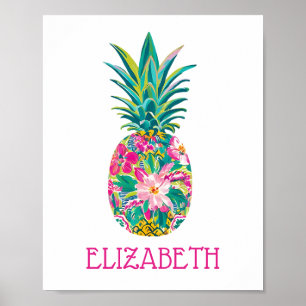 Tropisch Roze en Groen Bloemig Ananas Poster