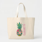 Tropisch roze en groen bloemmotief ananas grote tote bag (Voorkant)