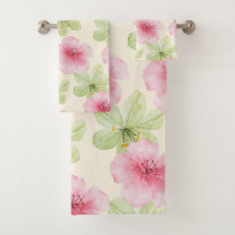 Tropisch roze en groen hibiscus bloemmotief bad handdoek