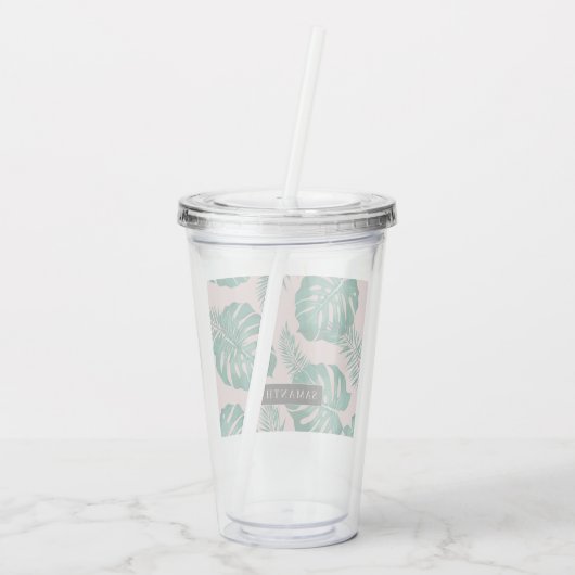 Tropisch roze en groen lederen patroon en naam acryl drinkbeker (Achterkant)