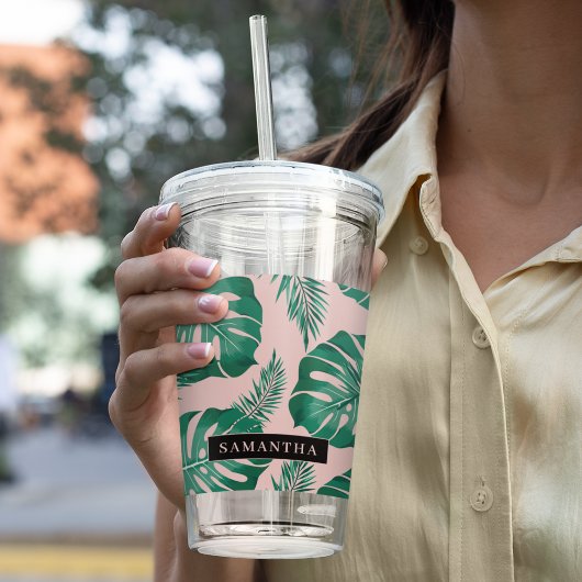 Tropisch roze en groen lederen patroon en naam acryl drinkbeker