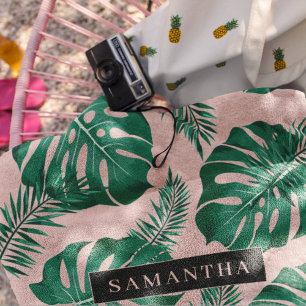 Tropisch roze en groen lederen patroon en naam bad handdoek