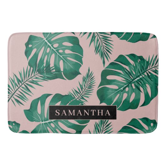 Tropisch roze en groen lederen patroon en naam badmat (Voorkant)
