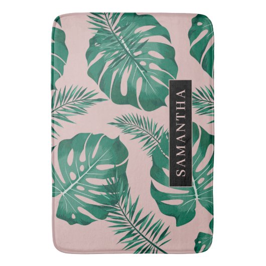 Tropisch roze en groen lederen patroon en naam badmat (Voorkant Verticaal)