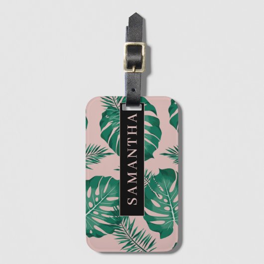 Tropisch roze en groen lederen patroon en naam bagagelabel (Voorkant (verticaal))